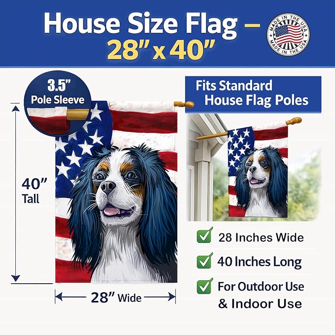Caroline's Treasures CK6591CHF King Charles Spaniel American Flag House Flag Large Porch Sleeve Pole Decorative Outside Yard Banner Artwork Wall Hanging, Polyester, House Size, Multicolor