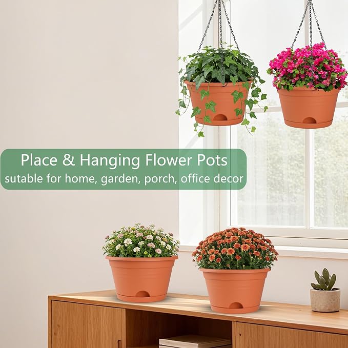 Nooulap 4 Pack Hanging Planters, 10 Inch Hanging Plant Pot with Hanger Chain & Drainage Trays, Hanging Baskets for Plants Outdoor Indoor, Plastic Flowers Pots for Home, Garden Decor (Red)