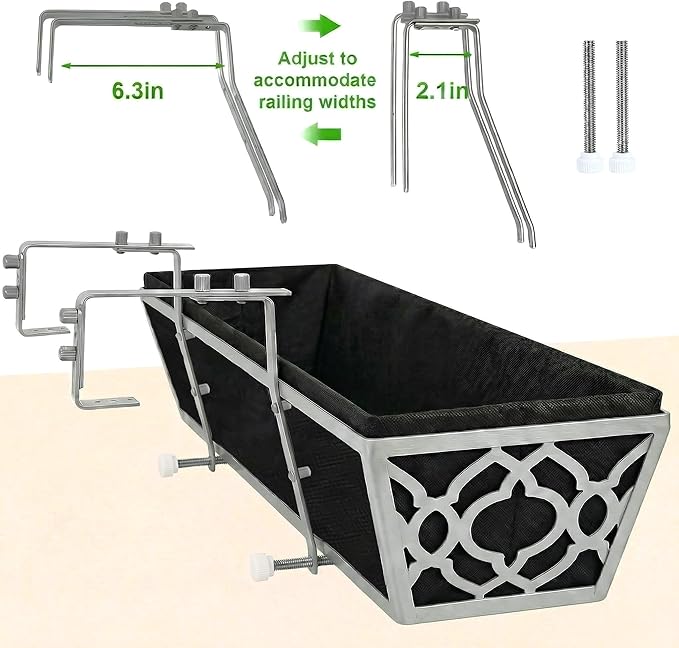 Y&M 30'' Hanging Railing Planter Box Set with Black Non-Woven Fabric Liner, 4 Pcs Large Metal Flower Boxes with Adjustable Brackets for Balcony, Deck, Fence, and Garden - Gray