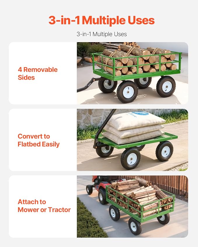 VEVOR Steel Garden Cart, 1200 lbs Heavy Duty Pullable Garden Wagon Yard Cart, 2 in 1 Outdoor Metal Utility Wagon Yard Trailer with 13" All Terrain Tires, Mesh Detachable Sides and 180° Rotating Handle