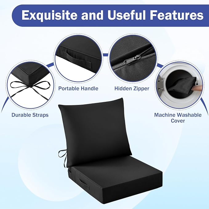 Outdoor Chair Cushions, 24 x 24 Inch Outdoor Cushion for Patio Furniture, Patio Chair Cushion, Waterproof & Fade Resistant Deep Patio Furniture Cushions Set with Handle and Ties, Black (Set of 4)