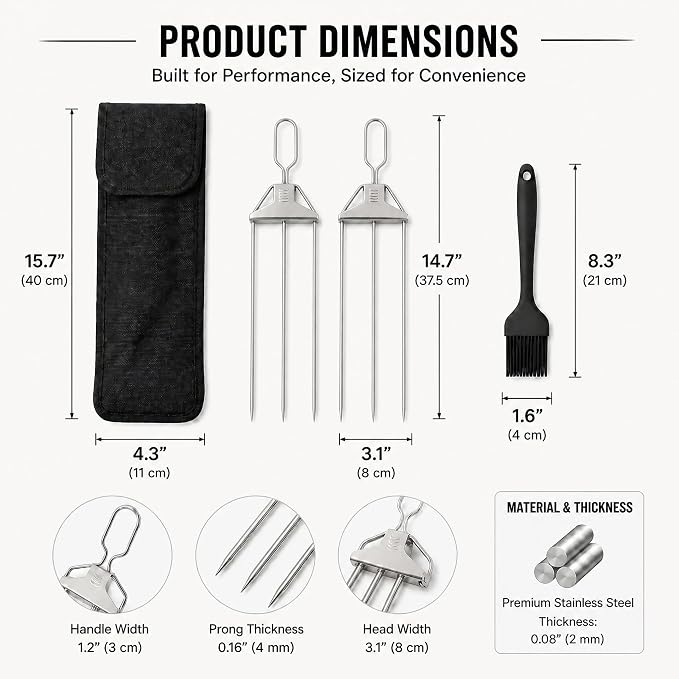（4pcs）3 Prong Stainless Steel BBQ Skewers, Yuirote Reusable 3 Way Grilling Skewers with Push-Off Design, Heavy Duty Metal Kabob Skewer Sticks for Outdoor Barbecue Cooking Accessories