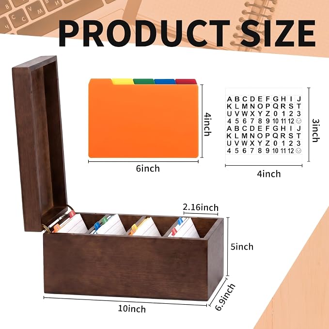 Henoyso 4 x 6 Inch Index Card Holder Set, Bamboo Index Cards Organizer, 50 Pcs Dividers 2 Sheets Alphabet Number Stickers File Note Holders for Office Business Classroom, Brown