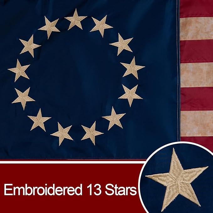 Bradford Embroidered Tea Stained Betsy Ross Flag 3x5 ft Outdoor Heavy Duty Vintage 13 Star American Flags for 250th Anniversary Colonial Flag Outdoor