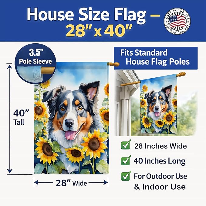 Caroline's Treasures DAC6014CHF Australian Shepherd in Sunflowers House Flag Large Porch Sleeve Pole Decorative Outside Yard Banner Artwork Wall Hanging, Polyester, House Size, Multicolor