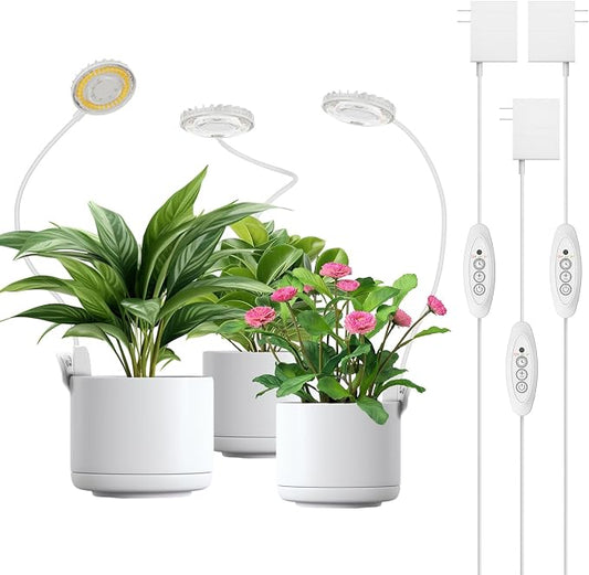 3 Pack 12W Each Clip-On Grow Lights for Indoor Plants, White Pot Clip Plant Lights with Flexible Gooseneck, 4000K Full Spectrum, 3/6/12H Auto Timer, 4 Dimmable Levels for Shelves, Multiple Pots
