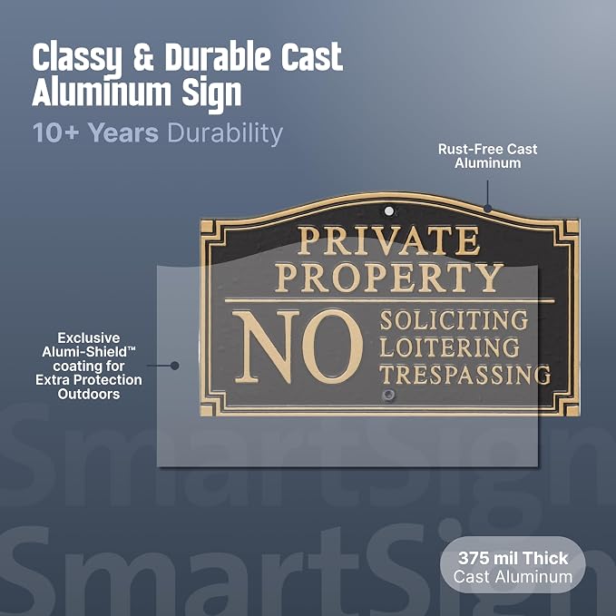 SmartSign Private Property Sign for Yard, No Soliciting Loitering Trespassing Garden Plaque | 5.75" x 9.5" Aluminum Plaque with 18" Black Lawn Stake, Made in USA