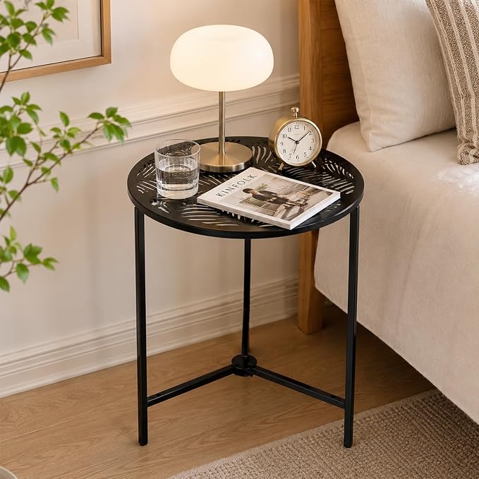 Extra-large Metal Side Table 17.7 Inches Heavy-duty Outdoor Patio Garden End Table Round Accent Corner Stand for Small Space Weather-resistant Coffee Table for Balcony Porch Plant Stand, Tropical Leaf