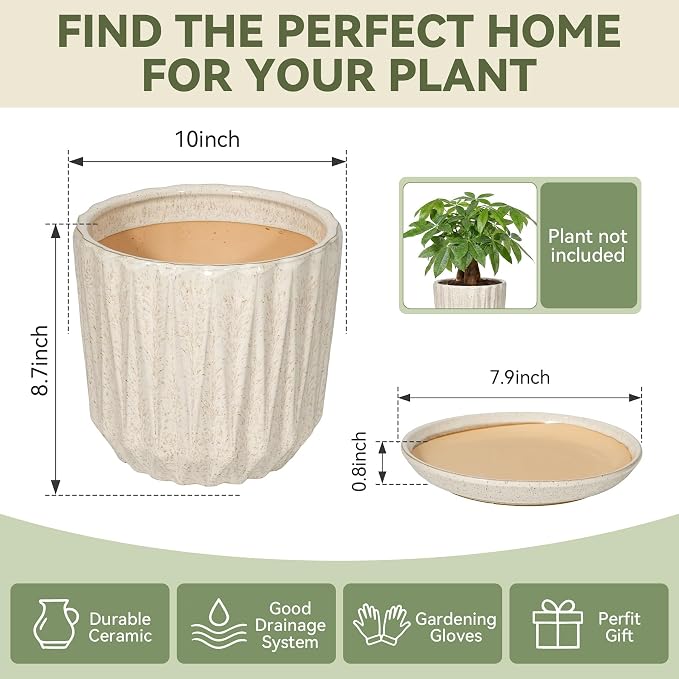 10 Inch Ceramic Planter Pot with Saucer Drainage Leak-Proof Mesh,Flower Pots for Indoor Plants with Gardening Gloves,Ceramic Planter(Silk White)