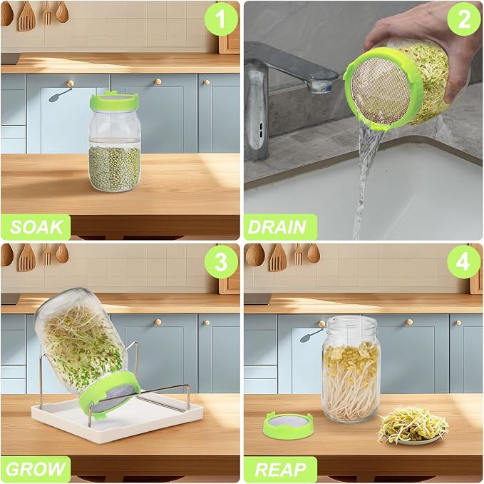  [Large Size] 68oz Sprouting Kit, 2 Sprouting Jar Kits, Wide Mouth Jars with Stainless Steel Screen Sprout Lid, 2000ml Sprouts Growing Kit, Seed Sprouter Set for Growing Broccoli, Bean, Alfalfa ﻿