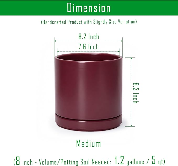 D'vine Dev 8 Inch Ceramic Planter Pot with Drainage Hole and Saucer, Indoor Cylinder Round Planter Pot, Cordovan, 94-O-D-4