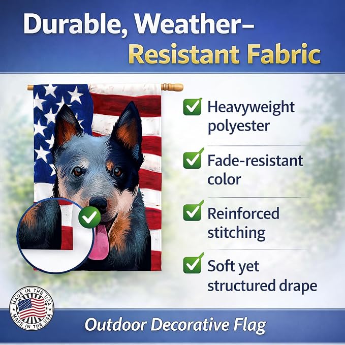 Caroline's Treasures CK6410CHF Australian Cattle Dog American Flag House Flag Large Porch Sleeve Pole Decorative Outside Yard Banner Artwork Wall Hanging, Polyester, House Size, Multicolor