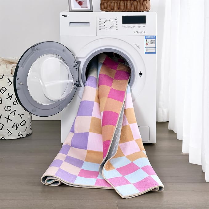 Multicolored Checkerboard Nursery Rug Washable Ultra Thin Retro Funky Aesthetic Cute 5x7 Area Rugs for Living Room Bedroom Kitchen Entryway Dorm, Pastel Colorful Checkered Geometric Carpet