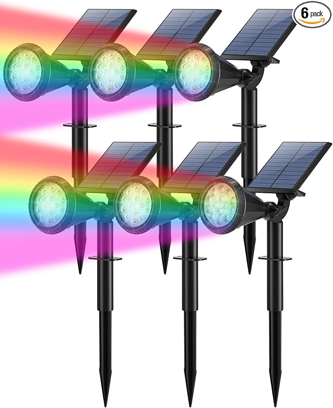 Tadyreal Color Changing Solar Spot Lights Outdoor Waterproof 180° Adjustable Colored RGB Solar Powered Landscape Lights for Yard 7 Lighting Modes Solar Spotlights for Pathway Garden Outside (6 Pack)