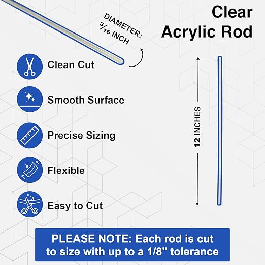 Duco USA-Made 3/16" Clear Acrylic Rods - 500 Pack of 12 Inch Plastic Dowel Rods for Crafts, Cake Topper Sticks, DIY Models, Acrylic Poles, Plant Stakes - Shatter-Resistant Clear Plexiglass Rods