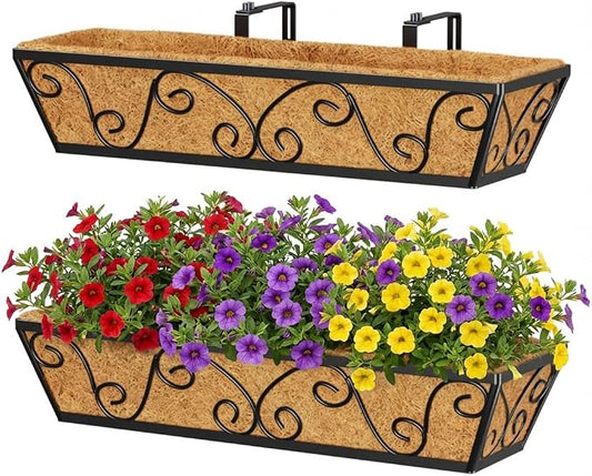 Y&M Outdoor Rectangular Window Box Planter, 24-Inch 2PCS Deck Railing Planter Boxes & Hanging Railing Planters with Coco Coir Liner, Rust-Resistant Steel, Large Capacity for Balcony, Porch, and Garden