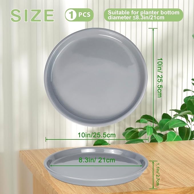Plant Saucer 10 Inch - Ceramic Plant Tray for Pots, Plant Saucer for Indoors, Plant Water Catcher Tray for Outdoors, Large Flower Pot Saucer, Round Plant Dishes for Drainage, Gray