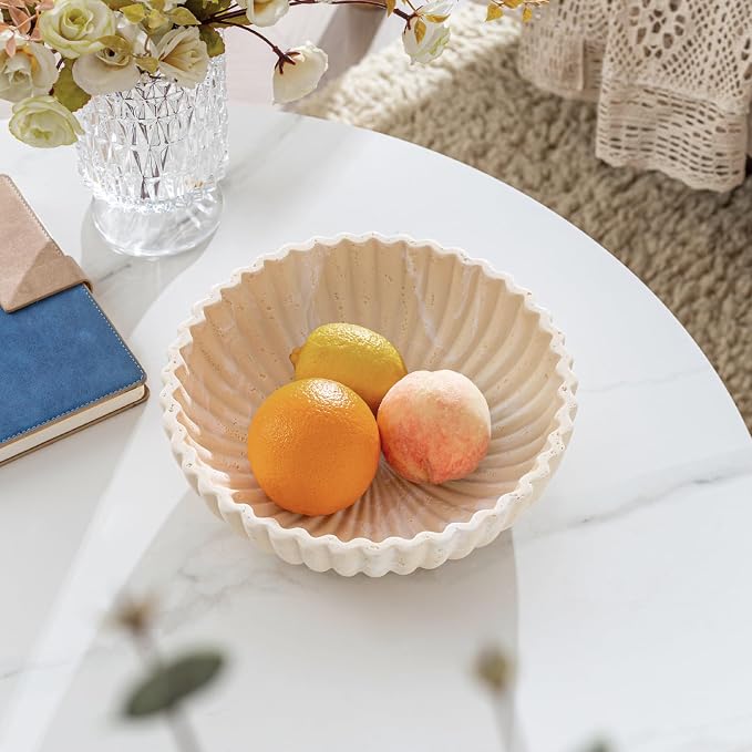 Large Decorative Fruit Bowl for Kitchen Counter, Travertine Stone Look Modern Minimalist Snack Candy Bowl for Table Centerpiece Decor, Home, Office, Hotel, Entryway (Yellow)