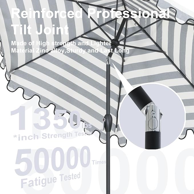 Tempera Striped Patio Umbrellas Outdoor Table Market Umbrellas with Crank & Pust Button Tilt|Auto-Tilt, 8 Steel Ribs, High Color-Fastness Canopy