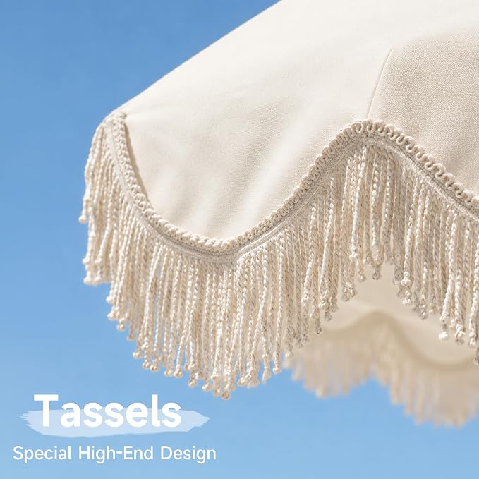 7.5FT Boho Patio Umberlla with Fringe,UPF50+ Outdoor Umbrella with Fiberglass Ribs and Push Button Tilt,Tassels Umbrella for Beach,Terrace,Picnic