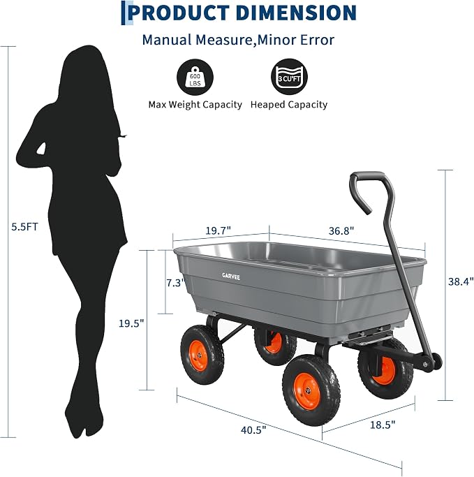 Garvee Poly Garden Dump Cart, Heavy Duty 600lbs Wheelbarrow Yard Cart Dump Wagon with 10”All Terrain Wheels, Garden Utility Wagon with Quick Release System& Convertible Handle Attach to ATV (Gray) | Heavy Duty,10”All Terrain Wheels, Garden Utility Wago...