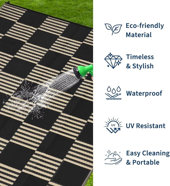 Garvee Waterproof Outdoor Rug 6x9, Checkered Foldable Plastic Straw Patio Camping Rug, Outdoor RV Carpet for Deck Camper Porch Balcony Backyard Picnic Beach Black and Brown