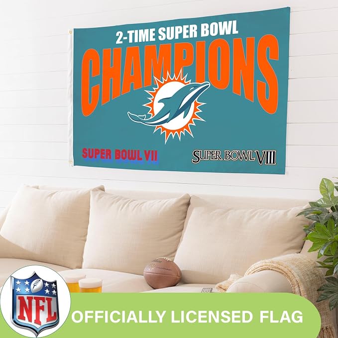 Team Sports America NFL Miami Dolphins Multi-Win Superbowl Champions 3x5 Flag for Outside with Grommets | Outdoor & Indoor | Heavy Duty Flag & Banner | Works with Flag Pole for Outside House