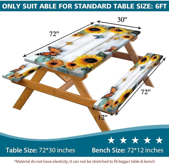 Picnic Table Cover with Bench Cover, Outdoor Patio Camping Essentials Farmhouse Sunflower Table Covers with Elastic Waterproof Camping Tablecloth with Drawstring Bag, 60In 3PCS