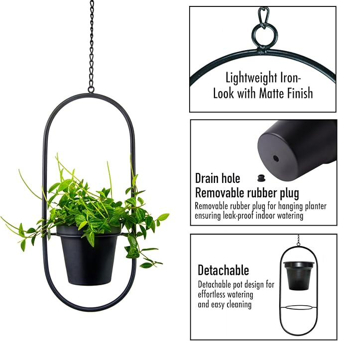Modern Metal Hanging Planters Set of 2 - Round and Oval Geometric Plant Hangers with 5 Inch Pots - Black Wall and Ceiling Mount Flower Holders for Indoor and Covered Outdoor Décor