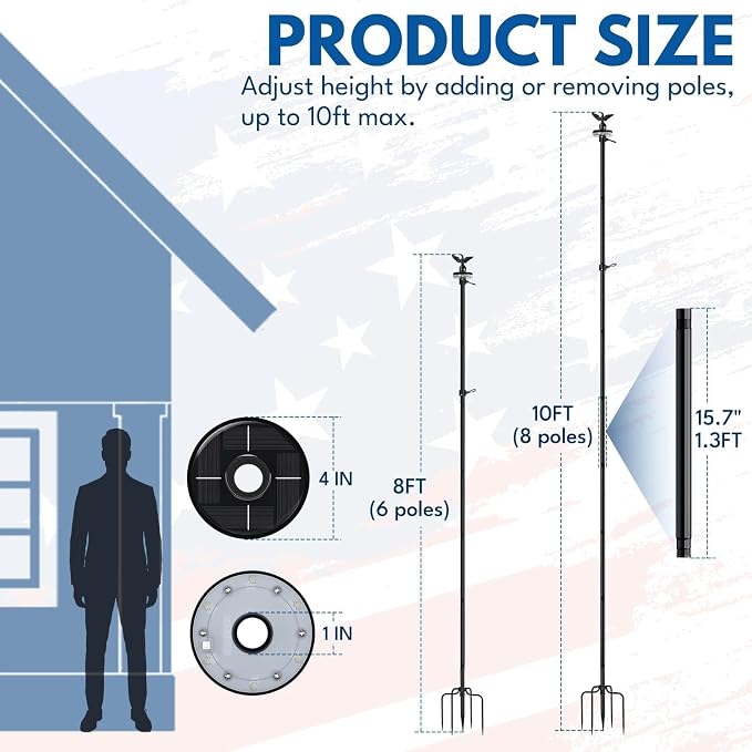 LETSTRY 10 FT In-Ground Flag Pole for Outside House with Solar Light, Heavy Duty Flagpole with Upgraded 5-Prong Base,Portable Mount Flapoles Kit for Yard, Garden Decor, Residential Commerical, Black