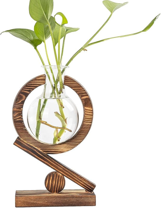 Glass Plant Propagation Station with Wooden Stand and Air Planter Bulb Vase, Birthday Gifts for Home Office Garden Boho Desk Decor (Light Burnt Wood)