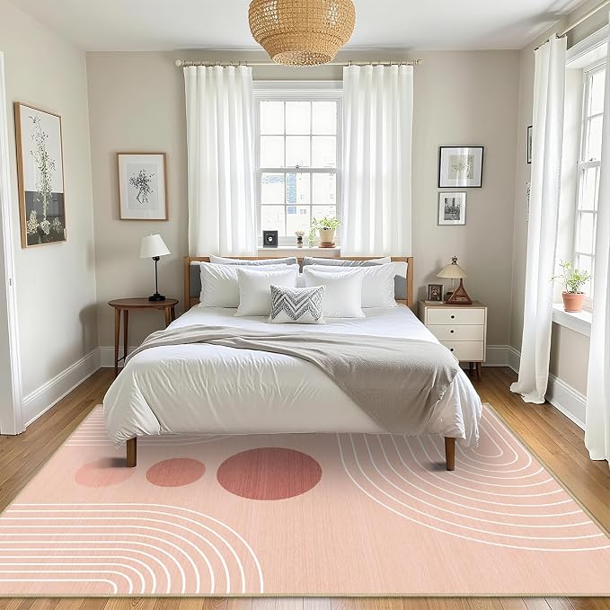 Area Rug 6x9 Boho Modern Minimalist Geometric Abstract Rug Pink Mid Century Modern Rug for Living Room Machine Washable Non-Slip Printed Low Pile Indoor Carpet for Bedroom Dining Room Office Pink
