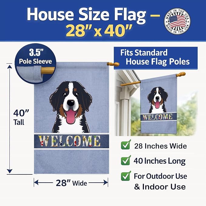 Caroline's Treasures BB1423CHF Bernese Mountain Dog Welcome House Flag, Blue Large Porch Sleeve Pole Decorative Outside Yard Banner Artwork Wall Hanging, Polyester, House Size, Multicolor