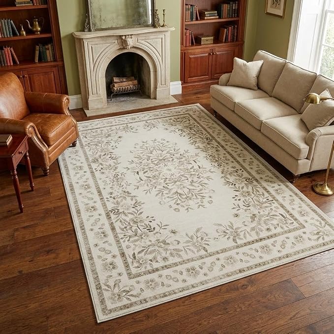 GarveeHome 5x7 Floral Rug for Dining Leaf Flower Botanical Bordered Carpets | Vintage Distressed Beige Floral Bedroom Rug Low Pile Machine Washable Non-Slip Area Rug for Guest Room Living Room