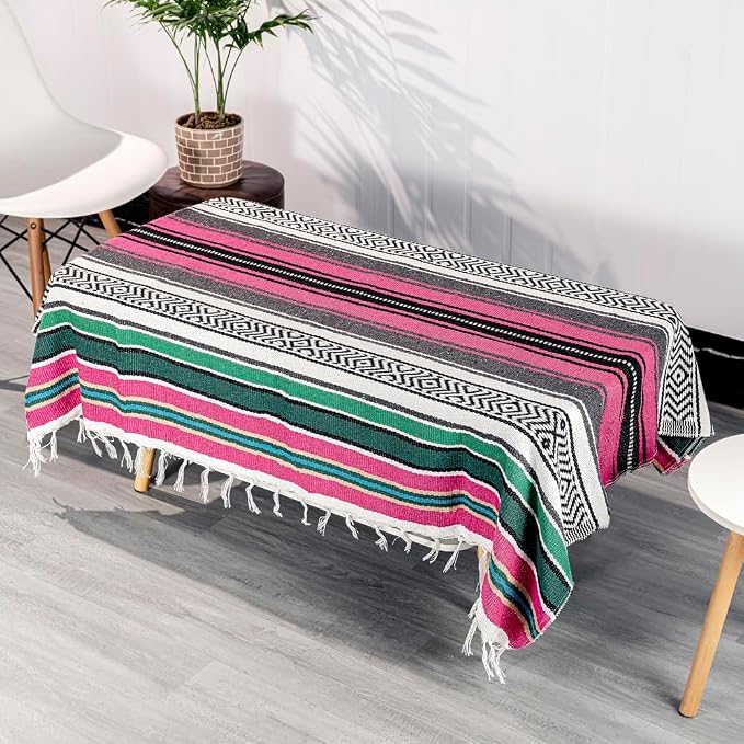 Mexican Blanket Throw with Tassels, 69 x 51 Inches Large Woven Serape Blanket, Boho Striped Picnic Yoga Beach Blanket, Soft Durable Tribal Falsa Blanket for Couch Outdoor Travel - Rose-Blue
