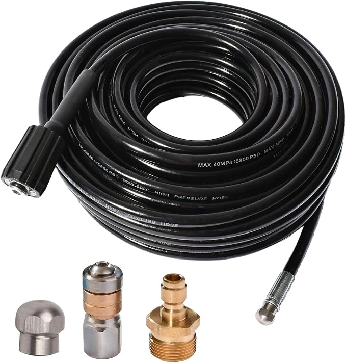 50FT 5800 PSI Pressure Washer Hose Jetter Nozzles Kit 1/8”NPT Sewer Drain Rotating Quick Connect Nozzle Button Nose With M22-14/15mm Double Rod Thread Brass Replacement