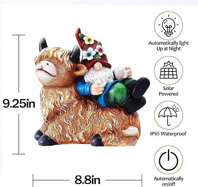 Pohabery Garden Gnomes Decor Outdoor Statues Gnome on Highland Cow Hold Solar Cup Light Outdoor Decorations for Patio,Yard and Gift for Mom（L
