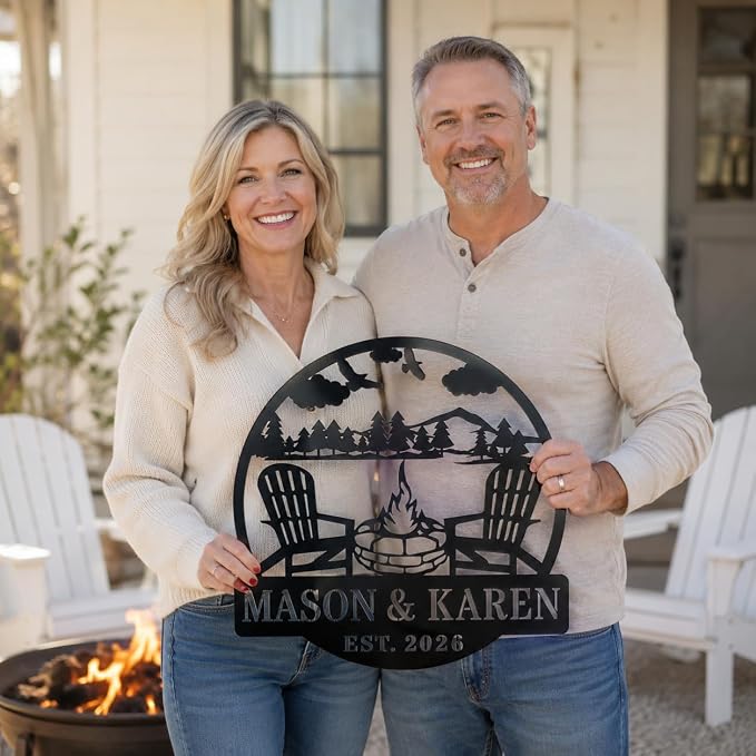 Personalized Campfire Metal Sign Custom Family Name Plaque, Mountain Cabin Wall Art for Backyard Fire Pit, Outdoor Camping Decor for RV Campsite and Nature Lovers