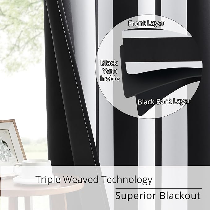 Black and White Striped 100% Blackout Sliding Door Curtains, Thermal Insulated Noise Reducing Room Divider Curtain for Patio Door, Modern Vertical Stripe Wide Drapes, 1 Panel, W100×L96