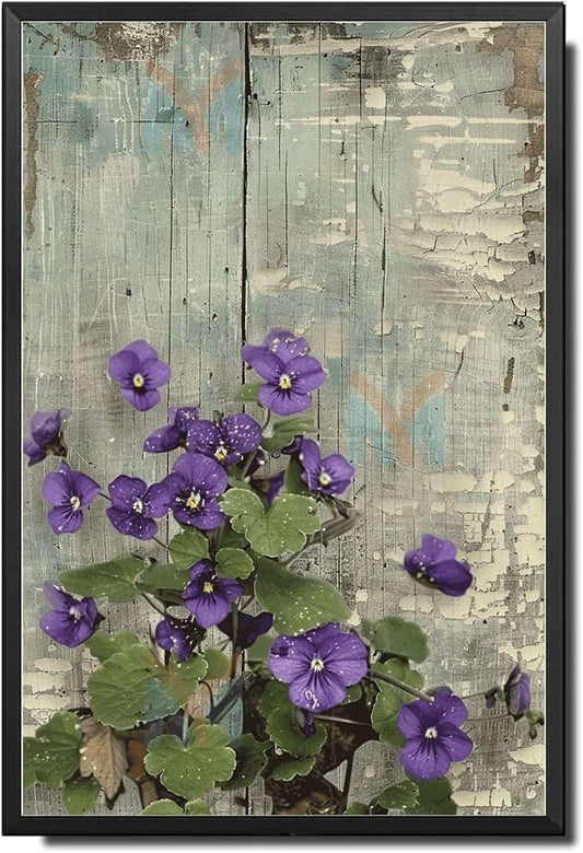 Metal Sign Tin Sign Vintage Shabby Chic Violets Tin Sign for Antique Artistry Delicate Vintage Paintings and Distressed Wood Metal Signs Vintage for Restaurant 6×8 Inches with Metal Frame