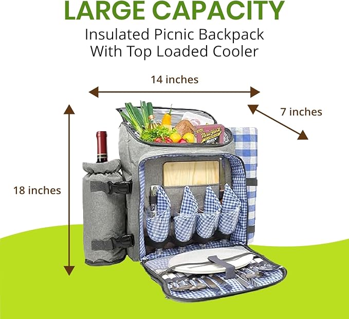 Nature Gear Picnic Backpack for 4, Insulated Picnic Set with Dinnerware, Wine Cooler, Blanket & Cutlery Service, Waterproof Outdoor Bag for Beach, Camping, Travel & Park, Blue