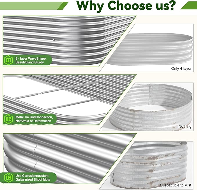 3 Pack 8x4FT Corrugated Galvanized Steel Raised Garden Bed Outdoor, Metal Above Ground Garden Bed for Vegetables and Flowers, Raised Beds for Gardening