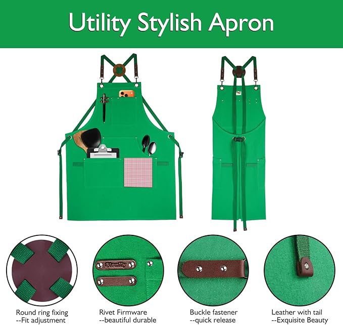 Kitchen Apron, Work Apron, Canvas Apron, Green | Multiple Pockets, Gardening, Painting, BBQ, Carpenter, Sizes M to XXL