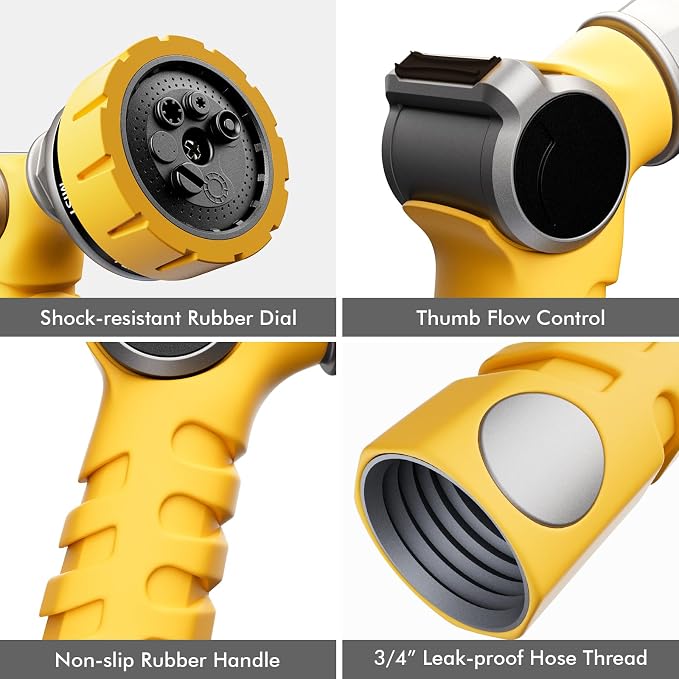 RESTMO Heavy Duty Hose Nozzle, Metal Garden Water Hose Sprayer with 7 Watering Patterns, Thumb Control, On Off Valve, High Pressure Nozzle Sprayer for Watering Plants, Car and Pet Washing, Yellow