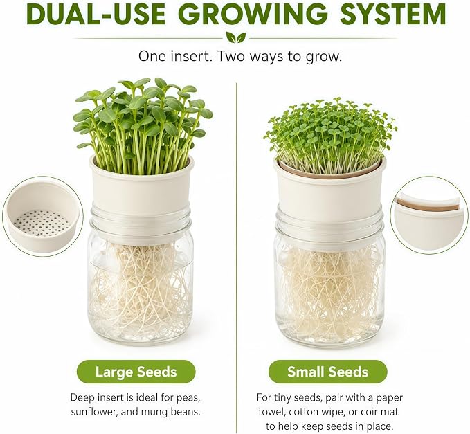 Microgreens Growing Kit Compatible with Mason Jar, Deep Seed Sprouter Insert with 4 Adjustment Rings, Indoor Hydroponic Garden Setup