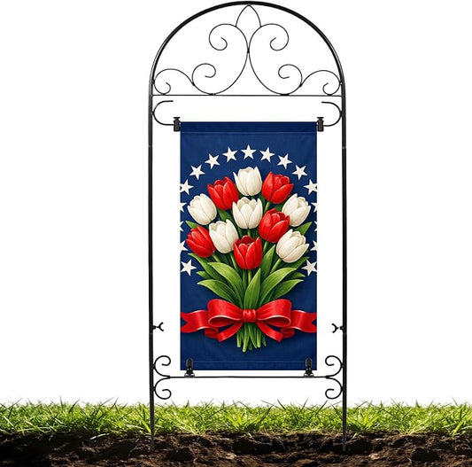 Garden Flag Holder Stand Yard Flag Holder Metal Flag Stand Outdoor Flag Pole Holder for Outside House Seasonal Garden Flag Stake for Lawn Holiday Decor with 2 Stoppers and 2 Anti-Wind Clips