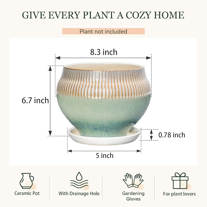 8.3 Inch Modern Ceramic Plant Pot with Drainage Hole and Mesh Net, Indoor Outdoor Planter with Saucer & Gardening Glove, Pots for Succulents, Flowers, Large Plants, Green