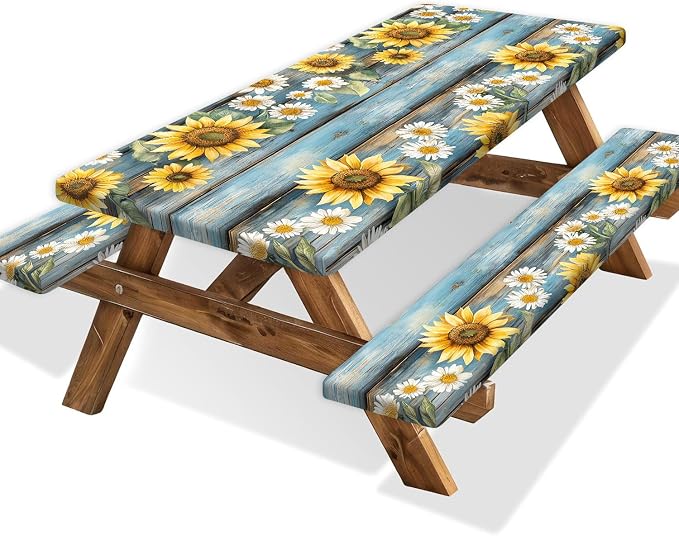 Wooden Floral Picnic Table Cover with Bench Covers Camping Essentials Waterproof Windproof Camping Outdoor Tablecloth with Drawstring Bag, Fitted Rectangle Tables and Seats, 30X60 inch