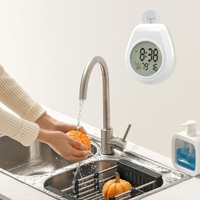 Shower Clock w/Timer Waterproof, Digital Bathroom Wall Clock w/Temperature | w/Date, Suction Cup, for Mirror, Bath, Kitchen, Battery Operated, White