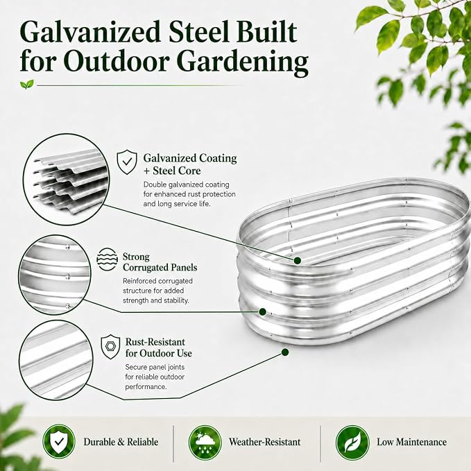HOOPLE 2 Pack Raised Garden Bed 6x3x1FT, Galvanized Metal Raised Garden Bed Outdoor, Oval Design with Open Base for Better Drainage, Easy Gardening for Vegetables, Flowers & Herbs